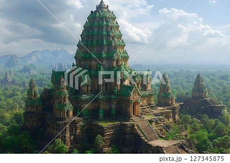 Magnificent tiered ancient temple rises above jungle canopy amidst cloudy sky 127345875