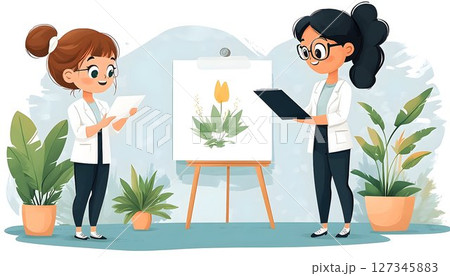 Botanical Illustration Review Team with Tulip Artwork and Potted Plants 127345883