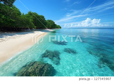 Idyllic tropical beach scene with turquoise water and white sand shore 127345907