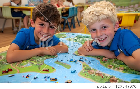 Enthusiastic young boys exploring a detailed map together during classroom activity 127345970