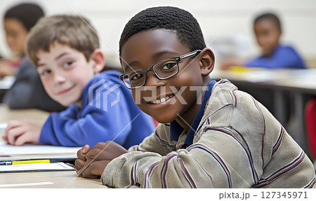 Classroom focus on diverse learning with smiling students at desk 127345971