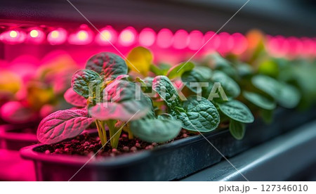 Indoor Spinach Seedlings Sprouting Under Pink LED Grow Lights in 127346010