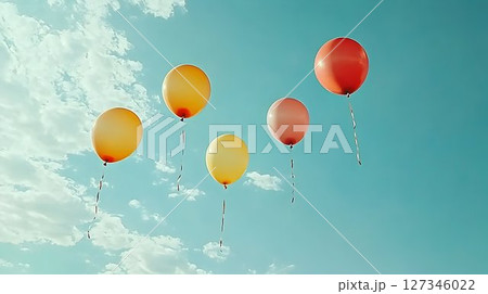 Colorful Balloons Ascending into a Cloudy Sky, Symbolizing Joy a 127346022