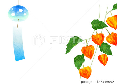 風鈴とほおずきの残暑見舞いはがき、横、イラスト、かわいい、夏 風鈴とほおずきの残暑見舞いはがき、横、イラスト、かわいい、夏 127346092