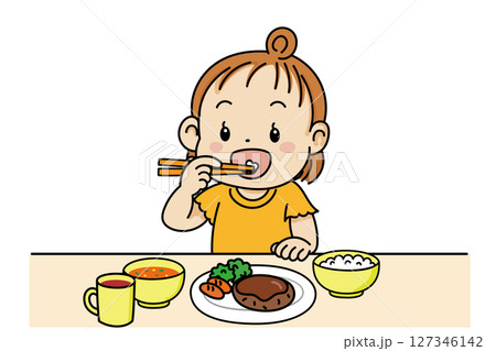 ご飯を食べるかわいい幼児の食事イラスト素材 127346142