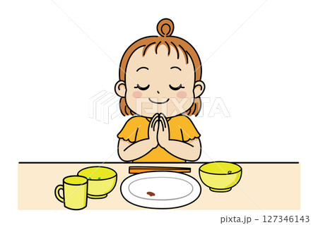 ごちそうさまをするかわいい幼児の完食イラスト素材 ごちそうさまをするかわいい幼児の完食イラスト素材 127346143