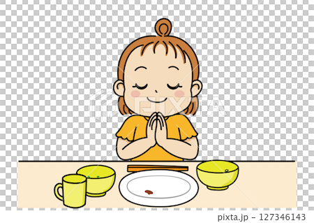 ごちそうさまをするかわいい幼児の完食イラスト素材 ごちそうさまをするかわいい幼児の完食イラスト素材 127346143