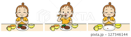 食事の流れを描いた幼児のかわいいイラストセット「いただきます〜ごちそうさま」 食事の流れを描いた幼児のかわいいイラストセット「いただきます〜ごちそうさま」 127346144