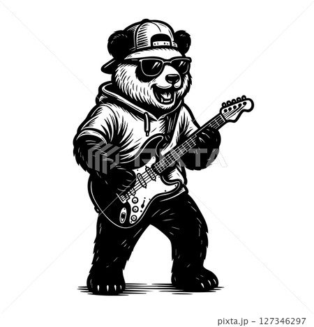 Cool cartoon bear wearing hoodie and sunglasses while playing electric guitar. Fun vector art in bold black and white engraving style. 127346297