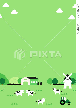 牛と農場の緑背景イラスト（シンプル・縦構図・牧場風景） 127346323