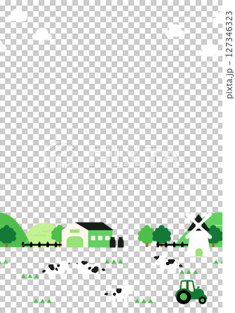 牛と農場の緑背景イラスト（シンプル・縦構図・牧場風景） 127346323