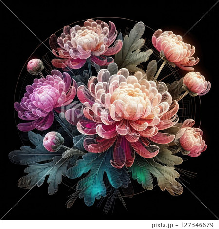 Transparent embroidered chrysanthemum with Generative AI. 127346679