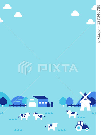 青空と牧場のシンプルな縦型イラスト（牛・風車・農場風景） 127346789