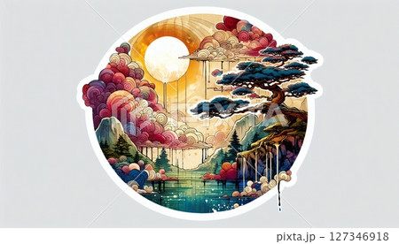 Japanese Wave Art with Sunset and Flowers in Fusion of Ukiyoe Style and Modern Illustration with Generative AI. Japanese Wave Art with Sunset and Flowers in Fusion of Ukiyoe Style and Modern Illustration with Generative AI. 127346918