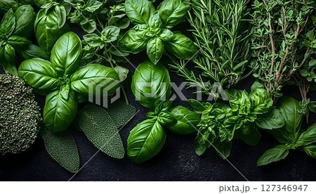 Fresh herbs and spices culinary background overhead view Fresh herbs and spices culinary background overhead view 127346947