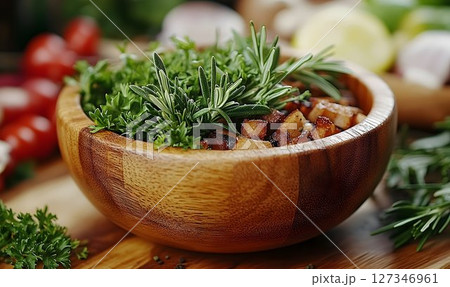 Roasted vegetables and herbs in rustic wooden bowl closeup 127346961