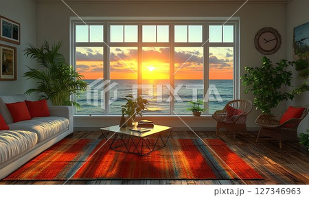 Ocean sunset view from living room window cozy interior scene 127346963