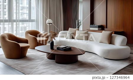 Modern living room interior design beige sofa brown armchairs wooden coffee table 127346964