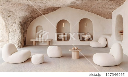 Modern cave interior design minimalist furniture and curved walls Modern cave interior design minimalist furniture and curved walls 127346965