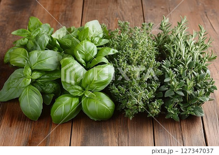 Fresh culinary herbs basil thyme rosemary 127347037
