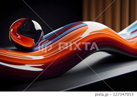 Abstract glass sculpture colorful wave form with sphere 127347053