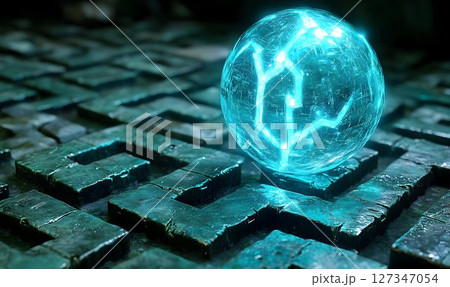 Luminous blue sphere on intricate green maze abstract fantasy background 127347054