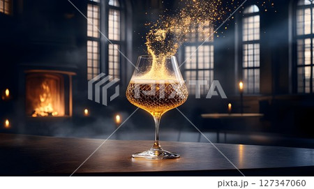 Sparkling golden beverage in crystal glass dark interior setting 127347060