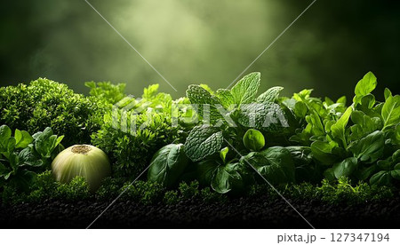 Lush green herbs and onion fresh ingredients healthy food concept 127347194