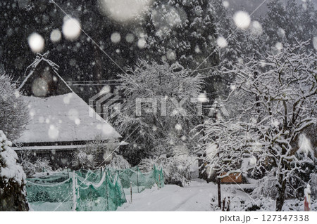 京都府南丹市美山町雪積もるかやぶきの里の撮影したもの 127347338
