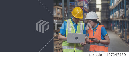 Banner Warehouse management team using laptop check stock inventory. Panorama asian worker use software computer type keyboard at goods shelf. Teamwork logistics staff counting stock with copy space Banner Warehouse management team using laptop check stock inventory. Panorama asian worker use software computer type keyboard at goods shelf. Teamwork logistics staff counting stock with copy space 127347420