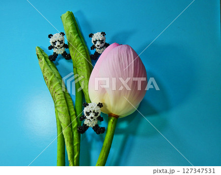 蓮の蕾と葉手作りビーズ人形のパンダとともに青バックで 蓮の蕾と葉手作りビーズ人形のパンダとともに青バックで 127347531