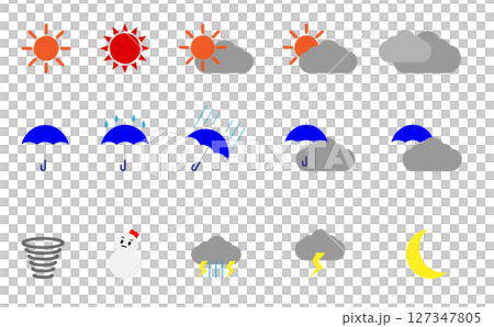 シンプルな色付きお天気マークのイラストセット 127347805