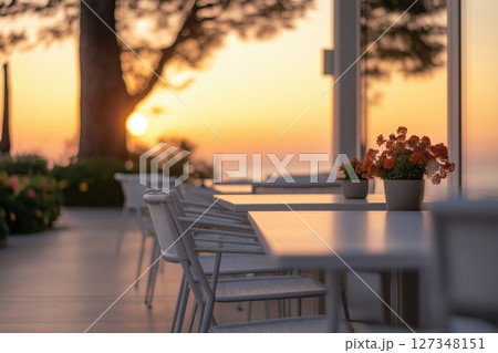 Tranquil Outdoor Terrace with Flower Pots at Sunset, Ideal for Hospitality Design 127348151