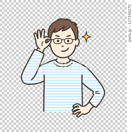 眼鏡を上げてニヤリと笑い自信を見せる若い男性 127348270