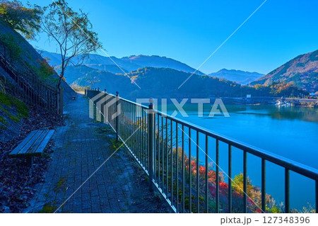 秋の神奈川県山北町の丹沢湖の千代の沢園地展望台から南側の眺望(丹沢湖,紅葉,箱根外輪山など) 秋の神奈川県山北町の丹沢湖の千代の沢園地展望台から南側の眺望(丹沢湖,紅葉,箱根外輪山など) 127348396