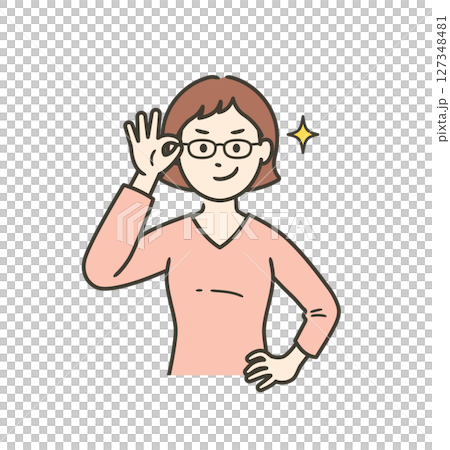 眼鏡を上げてニヤリと笑い自信を見せる若い女性 127348481