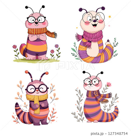 Cute Cartoon Caterpillars with Scarves and Glasses Cute Cartoon Caterpillars with Scarves and Glasses 127348754