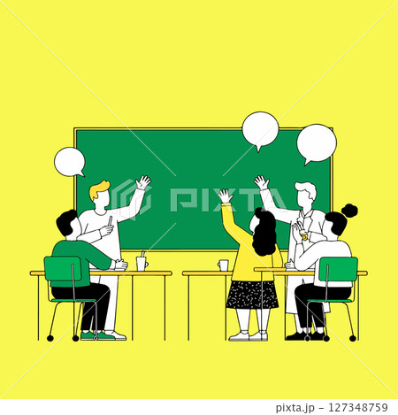 Classroom discussion with students raising hands Classroom discussion with students raising hands 127348759