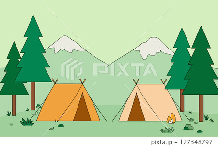 Camping Scene with Tents and Mountains Camping Scene with Tents and Mountains 127348797