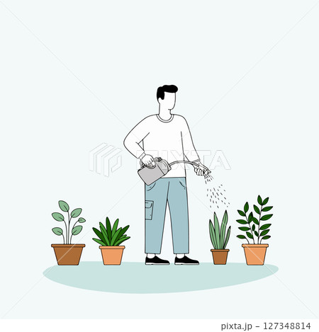 Man Watering Potted Plants 127348814
