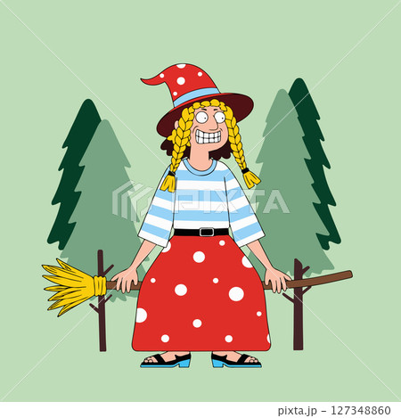 Cartoon Witch with Broom in Forest 127348860