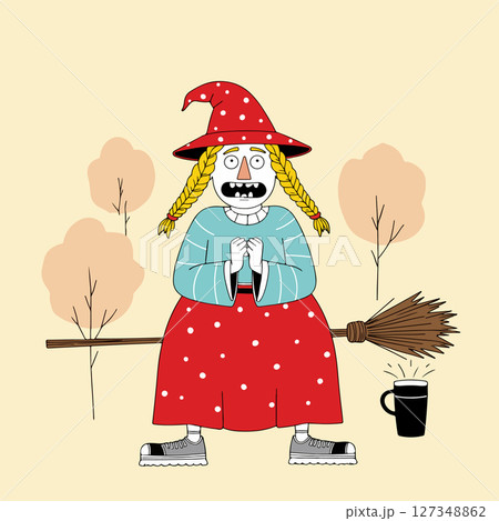 Cartoon Witch on Broom with Coffee 127348862