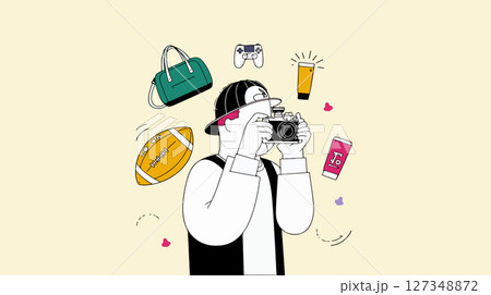 Cartoon Photographer with Floating Objects Cartoon Photographer with Floating Objects 127348872