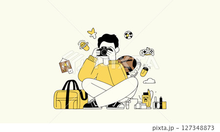 Cartoon Photographer with Floating Objects Cartoon Photographer with Floating Objects 127348873