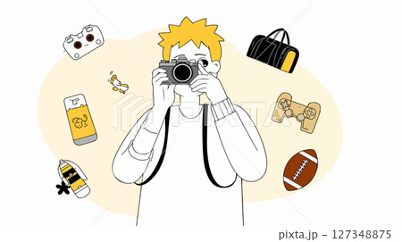 Cartoon Photographer with Floating Objects 127348875