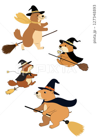Otters Dressed as Witches on Broomsticks 127348893