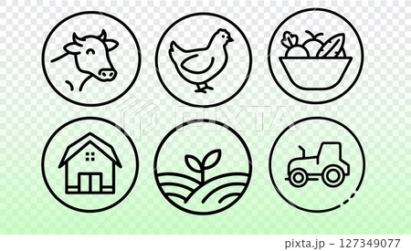 Agriculture line icons concept. Linear farm symbols countryside emblems drawing. Farming livestock vegetables building field equipment. Black outline vector illustration transparent background 127349077