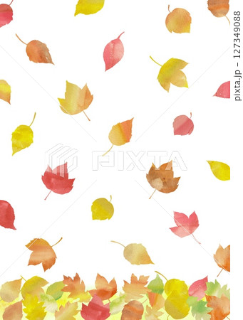 赤色や黄色の落ち葉が舞う可愛い模様。水彩画を使用した秋の縦長イラスト。 赤色や黄色の落ち葉が舞う可愛い模様。水彩画を使用した秋の縦長イラスト。 127349088