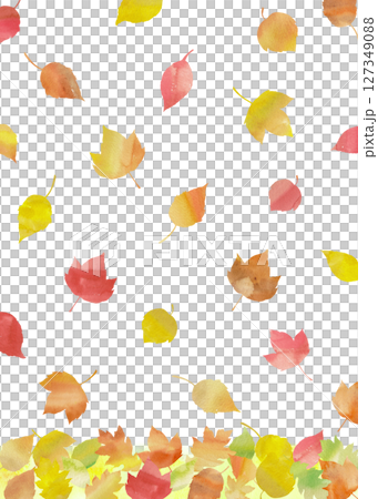 赤色や黄色の落ち葉が舞う可愛い模様。水彩画を使用した秋の縦長イラスト。 赤色や黄色の落ち葉が舞う可愛い模様。水彩画を使用した秋の縦長イラスト。 127349088