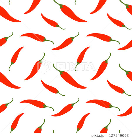 Flat red chili pepper seamless pattern. Minimalist spicy food background, ideal for packaging, textiles, and kitchen designs. 127349098